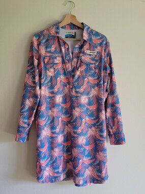 Magellan Outdoors Womens Medium Blue Pink Shirt Dress Fish Gear Tropical Collar